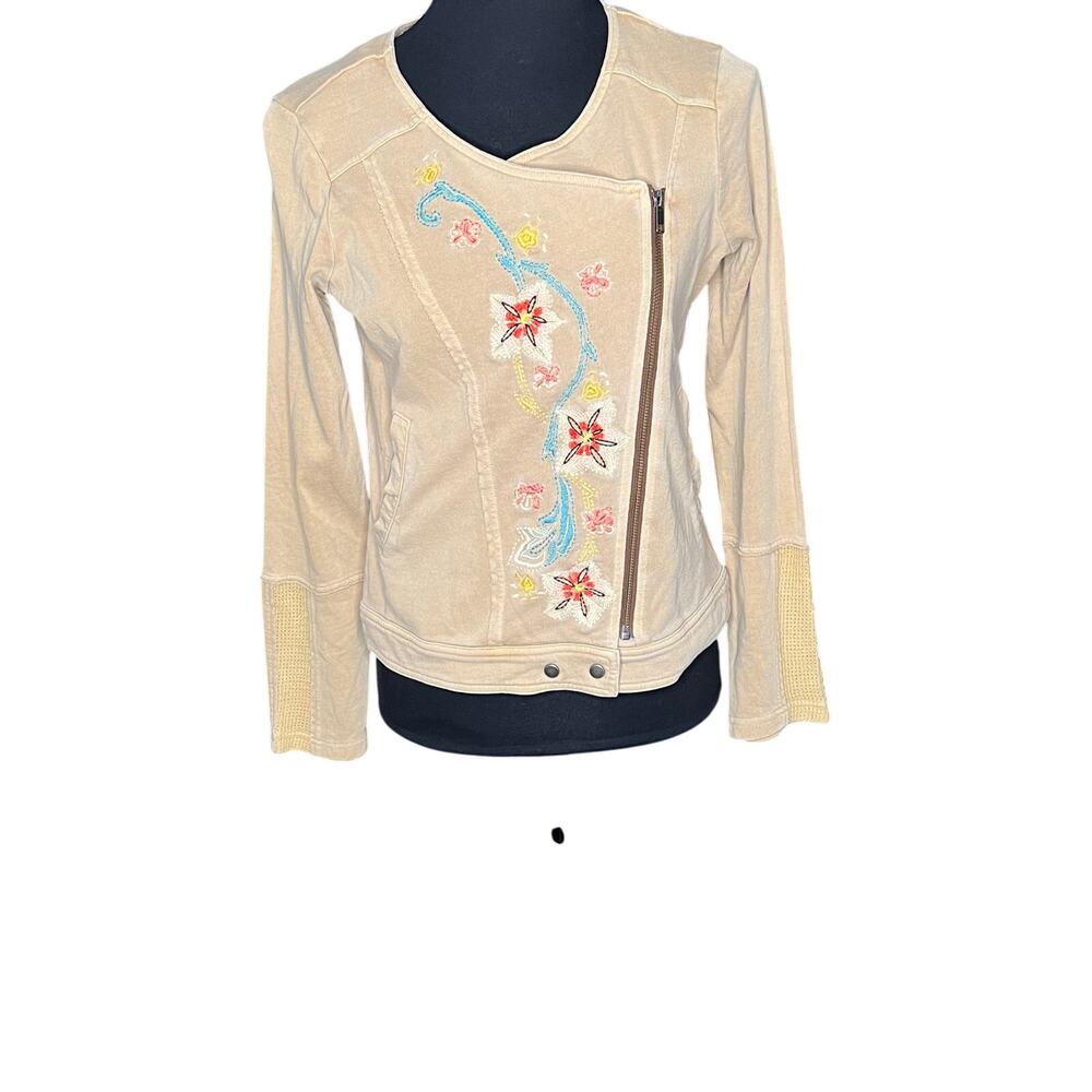 Sundance Floral Embroidered Moto Jacket Beige Cotton Mesh Boho Zip Size 2